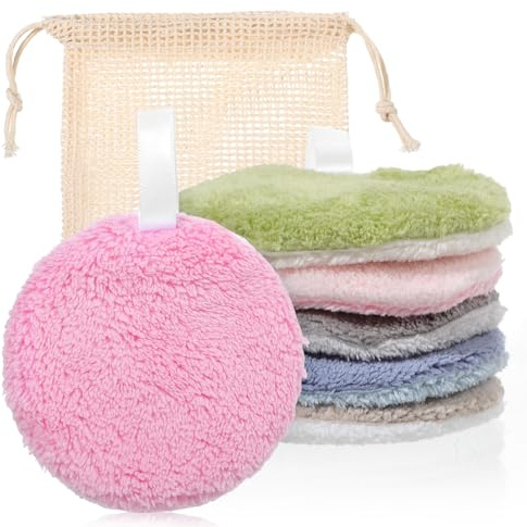 DOPENSPI 6 Pcs Reusable Makeup Remover Pads, 6 Colors Soft Coral Fleece Facial Cleansing Rounds with Mesh Bag For Face