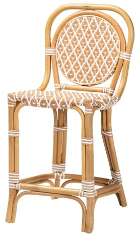 Bali & pari Mattie Rattan Bistro Counter Stool - Handwoven Accent Seating with Backrest for Kitchen Island or Indoor/Outdoor Lounge, Honey Natural & White