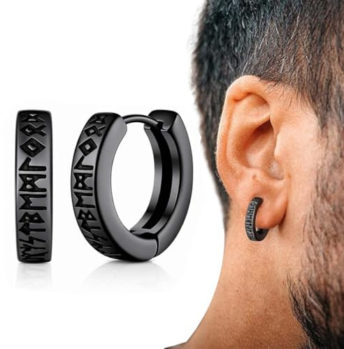MKEAWWU Pendientes Hombre Iman Vikingos Acero Inoxidable, 1 Par, Color Negro, Tamaño 12 Mm, Con Runas, Joyas Celta, Regalo