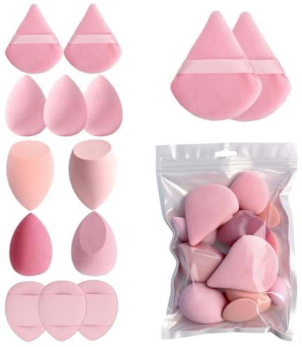 SLIAXINT Juego de 14 esponjas de maquillaje – Esponja de maquillaje para líquido, base, crema y polvo, borla de polvo, esponja de maquillaje para un acabado natural en color rosa