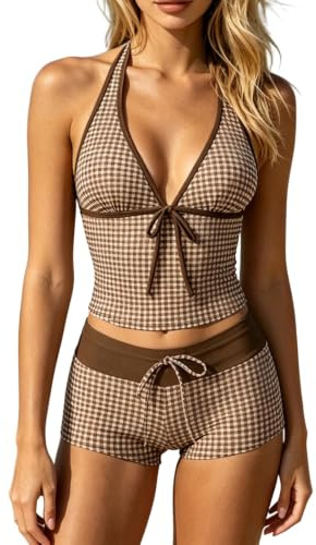 Dam 2-delade bikini baddräkter Söt prickig halter bikini top och shorts sommar casual Y2k strand semester baddräkt, Khaki, L