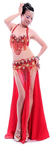 ROYAL SMEELA Magdans kostym för kvinnor maxikjol bh bälte kostym mage dans outfit pärlor paljett sexig mage dans klänning festival show uppträdande halter-bh bälte kjol magdans kläder, Röd, M