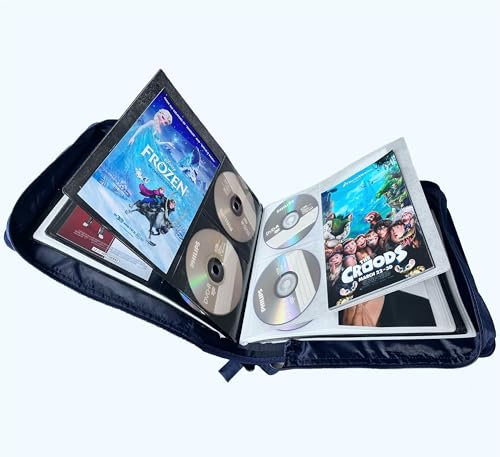 DVD CD Storage Wallet Case with Extra Wide Title Cover Pages for Blu Ray Movie Music Audio Media Disk (Portable Carrying Binder Holder Album Home Organizer)- Blue, 192 disk units, 96 booklet pockets