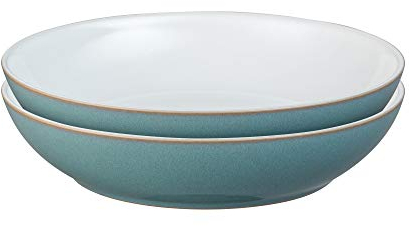 Denby - Azure Blue Pasta Bowls Set of 2 - Dishwasher Microwave Safe Crockery 1050ml 22cm - Sea Blue, White Ceramic Stoneware Tableware - Chip & Crack Resistant