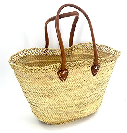 Large Moroccan market shopping basket braided insert - Brown long leather handles - W56 D20 H34 cm