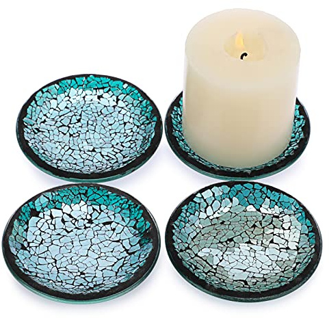 OwnMy 4PCS Mosaic Glass Candle Plates and Trays 4 Inch Pillar Candle Stands, Glass Mosaic Coasters Decorative Candle Holder Bases for Wedding Table Centerpiececs, Blue