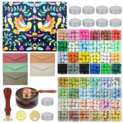 Siegel Wachs, Siegelwachs Set mit 1200 Stück Siegelwachs Perlen, Wachssiegel Stempel Set mit Geschenkbox, 10 Teelichter und 1 Schmelzlöffel, 5 Umschläge für Hochzeits- und Feiertagsdekoration