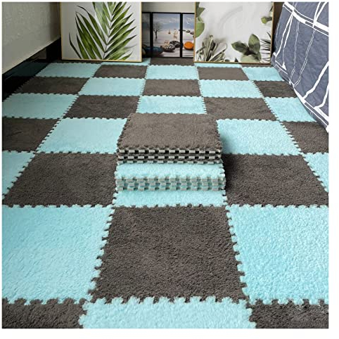 16 Stück Ineinandergreifende Plüsch-Schaumstoff-Fußmatten, Warmer Teppich, Ineinandergreifende Bodenfliesen, 30 X 30 cm Große Puzzle-Spielmatten Für Schlafzimmer, Spielzimmer(Color:Grey+Hellblau)