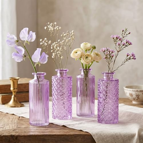Uppsättning av 4 vas glas lila H14 cm lila pastell blomvas bordsdekoration vår blomdekoration glasvas dekorativ vas