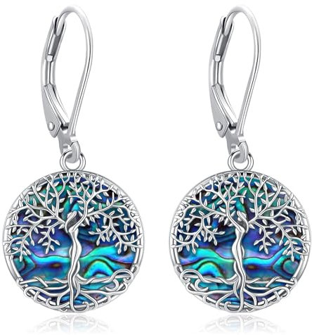 Eusense Boucle Oreille Arbre de vie Boucles d'oreilles Abalone en Argent 925 Boucles d'oreilles Pendantes Bijoux Cadeau pour Femmes