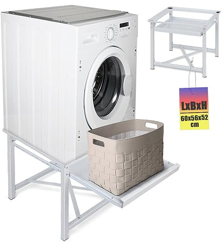 Waschmaschinen Untergestell LxBxH:60x56x52cm mit ausziehbarer Ablage, Unterbau Podest für Waschmaschine Trockner, Unterbau Podest, Sockel Stahl, Unterschrank erhöht mit 150 kg Tragkraft