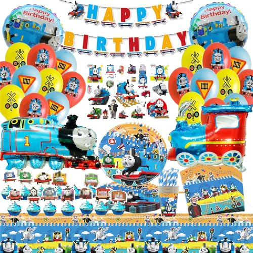 SunwE 101PCS Thomas Partygeschirr Set, Partygeschirr Set Kindergeburtstag Deko, Geburtstags Lokomotive, Thema Luftballons, Zug Geburtstag Party Supplies Teller Becher Servietten Luftballons