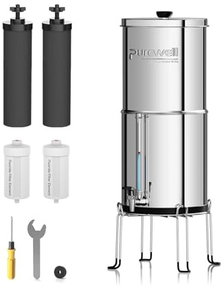 Purewell Filtre à Eau 5,7 litres par Gravité - Cuve Acier Inox 304 + 4 Filtres (Charbon/Fluor) - Robinet Visuel - Élimine 99% Fluorures/Chlore/Métaux - Sans Électricité