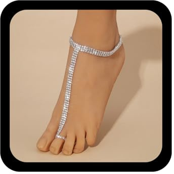 Wendalern Boho Tennis Ankle Bracelet Rhinestone Tennis Chain Toe Ring Anklet 3 Row Crystal Chain Anklet Diamond Cz Barefoot Sandals Foot Chain Beach Wedding Jewelry for Women Girls