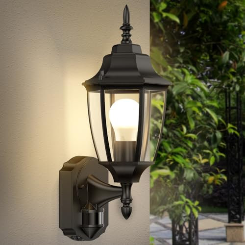 Lamomo Outdoor Wall Lights, Outside Motion Sensor Lights Mains Powered, Waterproof Aluminium PIR Security Light Outdoor,Traditional Lamp for Porch, E27 Bulb Base