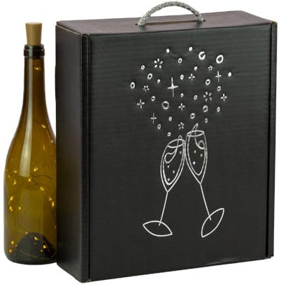 Cajas para 3 botellas de Vino Cava regalo cartón - Pack 4 unidades Elegante Estuche para 3 Botellas con Asa, Cartón Reciclado, Impresión Copas Metalizada en Color Plata