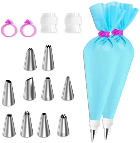 16 Pcs Piping Bags and Nozzles Set – Reusable Silicone Pastry Bags with Stainless Steel Icing Tips for Cake Decorating, Cookies & Cupcakes
