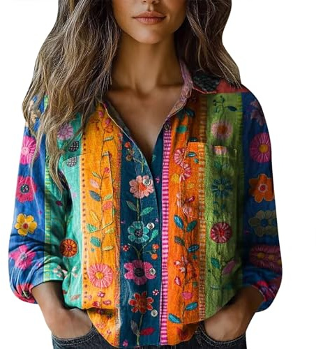 riou Blusas Mujer Primavera Verano Lino Boho Estampado Retro Cuello en V Camisa Basica Moda Vintage Blusa Suelta Casual Toppar T-Shirt Basica Ligera Cómoda Adolescente Original tee Playa