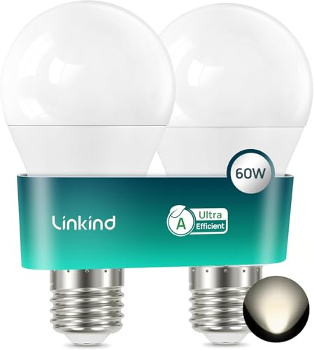 Linkind Lampadina a LED E27, 3,8 W = 60 W, con etichetta A, 4000 K, luce bianca neutra, 806 lm, A60 da 220°, lampadina E27 ultra efficiente, 50.000 ore, opaca, 2 pezzi