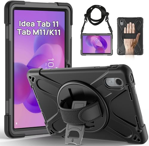 Gerutek Funda Anticaída para Lenovo Idea Tab 11 2025/K11 Gen 2/M11, Negro | 336FU/330FU/Xiaoxin Pad 11/Moto Pad 2026/Pad 60 Neo, Carcasa Rugosa con Soporte Giratorio, Correa de Mano/Hombro, Portalápiz