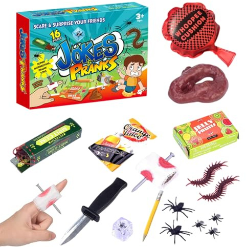 Bromas para Niños - 16 Piezas Kit De Bromas Juegos De Broma para Niños, Regalo De Bro-mas para El Día De Los Inocentes, Set De Bro-mas para Fiestas, Reuniones Familiares Y Noches De Juegos