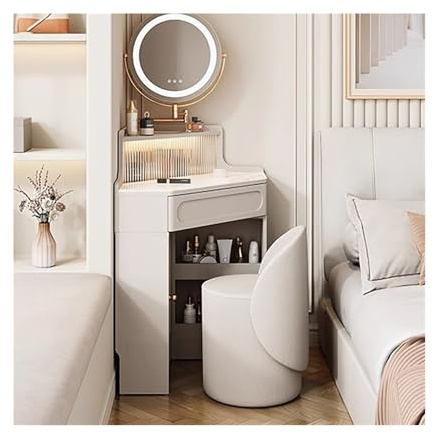 Coiffeuse moderne blanche avec miroir et lumières - Ensemble de maquillage d'angle avec rangement en verre pour chambre à coucher et vestiaire - 60 cm