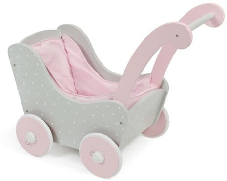 Holzpuppenwagen für Baby-Puppen bis 54 cm, Puppenwagen aus Holz, Schiebehöhe 43 cm, Puntos Grey