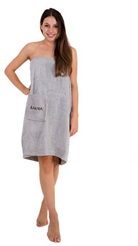 Julie Julsen Paréo de sauna pour femme, 75 x 140 cm, comporte une poche, avec velcro et élastiques, 100 % coton, argent