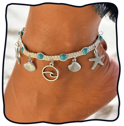 Handcess Bracelet de cheville bohème turquoise en forme d'étoile de mer avec chaîne de pied ondulée pour femmes et filles