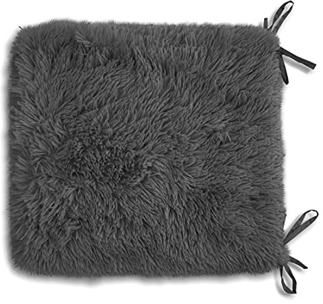 Teddy Fleece Chair Pads SOFT & SNUG Fur With Reversible Plain Sherpa Teddy Fleece Seat pads REMOVABLE Dining Garden Chair Cushion Luxury Super Soft Fluffy Fur Seat Pads With Ties Backs (4, Charcoal)