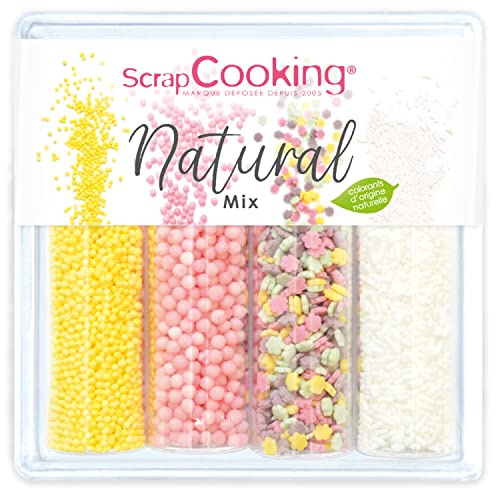 ScrapCooking - Décors Sucrés « Natural Mix » 74 g - Assortiment 4 Variétés : Fleurs, Billes Jaunes & Roses, Vermicelles Blancs - Décorations Gâteaux, Cupcakes - Anniversaire & Pâques - 7524
