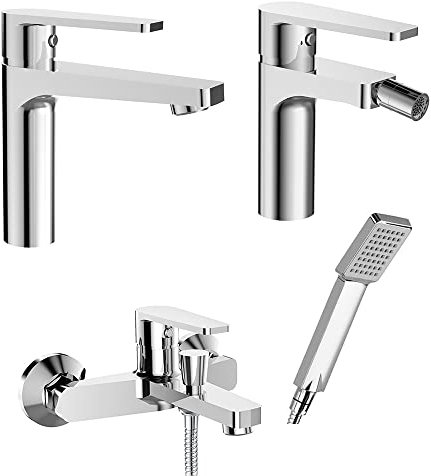 Set miscelatori rubinetteria bagno lavabo bidet e vasca da bagno, in ottone cromato, Recta