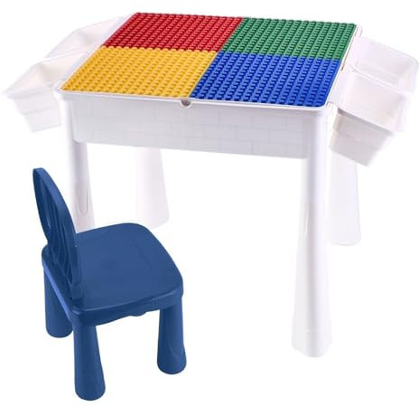 Coemo BAU- und Spieltisch Sascha inklusive Stuhl - 4 Steckplatten für Bausteine - Wasserspieltisch - Maltisch inkl. 1 Stift, 50 x 50 x 50 cm