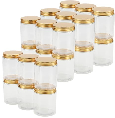 LEXININ Confezione da 24 barattoli in plastica da 250 ml con coperchi dorati, contenitori vuoti in plastica a bocca larga per spezie