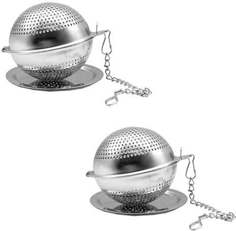 MIAO JIN Juego de 2 cadenas esféricas con chasis, infusor de té de acero inoxidable, colador de harina de azúcar, agitador de azúcar en polvo, filtros de plumero, difusor de intervalo de té para hojas