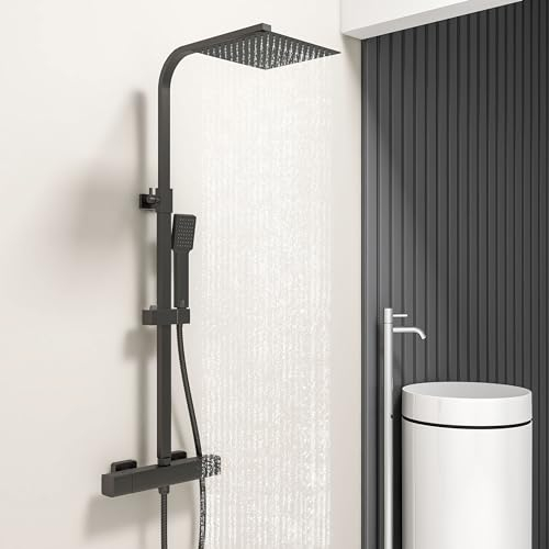 Acezanble Duschsystem mit Thermostat 38 °C, Duschsäule aus Edelstahl mit Badmischer, 1 Strahlarten Duschkopf, Quadratischer Duschkopf 25x25CM, Schwarz