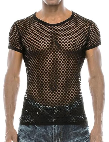 XNIVUIS Men's Mesh Fishnet Short Sleeve T Shirt Fitted Muscle Top Summer Sexy Club Party Crop Tops Crew Neck Tee See Through Tops Fitted Workout See Through Clubwear Tank Top Vest Undershirt (Black)