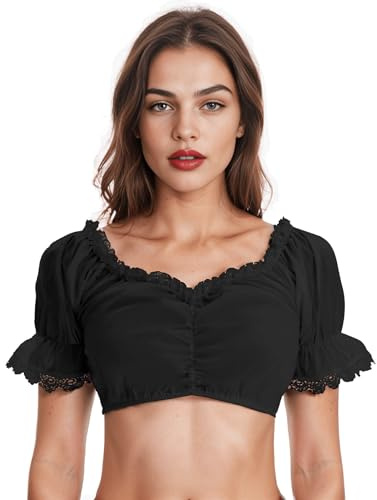 Zeagoo Dirndl Blouse Women's Costume Blouse Short Sleeve White Off Shoulder Dirndl Blouse Oktoberfest Dirndl Blouses Traditional Beer Festival Carnival Elegant Blouse with Puff Sleeves, black, S