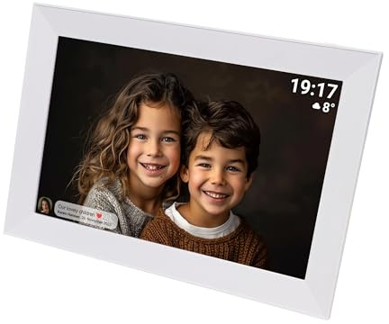 Denver PFF-1012W digital Wi-Fi bildram – 10 tums HD IPS pekskärm, integrerad FRAMEO-programvara, enkel smartphone-anslutning, multimediaskärm, vit