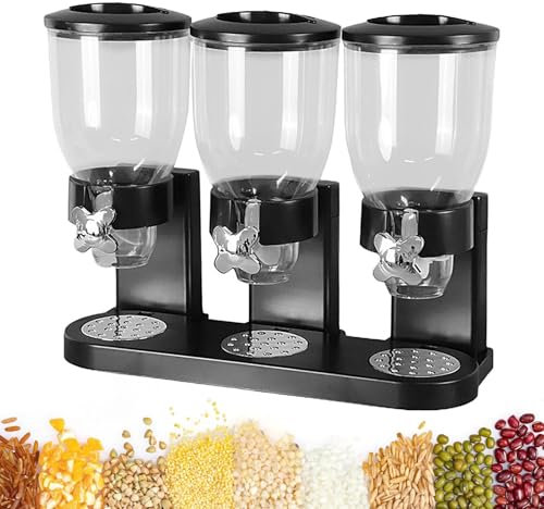 Dispensador de cereales triple – Dispensador de cereales 2 L Kitchen Essentials para arroz, avena, nueces, aperitivos | Almacenamiento de alimentos secos para cereales, dulces, alimentos para mascotas