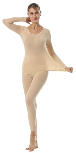 Intimo Termico Set Donna Biancheria Intima Termica Caldo Manica Lunga Maglia Termica e Pantaloni Traspirante Completo Tuta Termica Funzionale Set Termico Donna per Sci Yoga (Beige, Taglia unica)