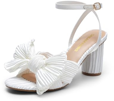 DREAM PAIRS Women's Bow Knot Heeled Sandals Low Chunky Heels Open Toe Ankle Strap Slingback Dress Shoes for Wedding Bridal Party,Size 8.5,White,DWUMHS2504