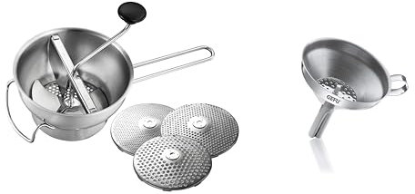 Küchenhelfer Set: GEFU Passiergerät Flotte Lotte® & GEFU Einfülltrichter VERSARE - manuelle Edelstahl-Passiermühle inkl. 3 Lochscheiben