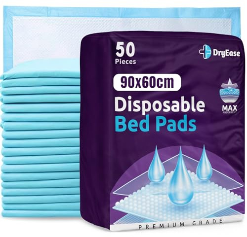 50 x DryEase Incontinence Bed Pads Disposable 90 x 60cm – Highly Absorbent | CE Certified Leak-Proof Incontinence Bed Sheets for Bed, Sofa & Chairs | Bed Pads for Incontinence Adults, Children & Babies.