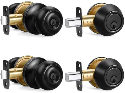 2 Sets Entry Door Knob and Single Cylinder Deadbolt Combo Set, Keyed Alike Round Ball Matte Black Exterior Door Knobs with Lock and Keys for Entrance and Front Door