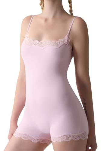 Kvinnor sexig spets fyrkantig hals bodysuit ärmlös mage trikådräkt gå ut linnen basskjortor plus size kvinnors sparkdräkt och overaller för sommaren, Rosa, M