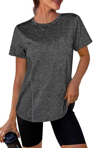 Crewhpo Maglietta Sportiva Donna Traspirante Maglia Palestra Maniche Corte Top Sportivo Fitness Girocollo Magliette Tecniche Asciugatura Rapida T Shirt Trekking per Yoga Tennis Golf Jogging Grigio M