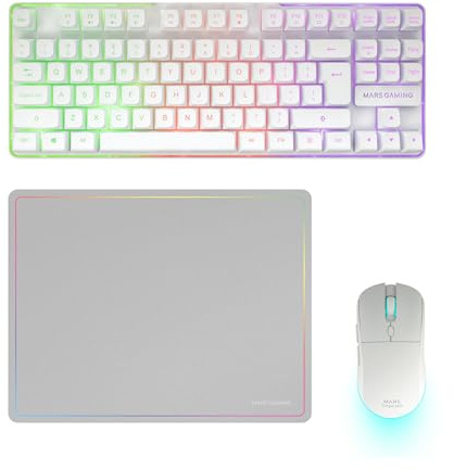 Mars Gaming MCPWTKL, Trådlös Gaming-Combo, DualPro Link 2.4GPRO-teknologi, TKL FRGB Rainbow-tangentbord + RGB 3200DPI-mus med HUANO-brytare + Halkfri musmatta 360x260mm, Vit, Engelska US