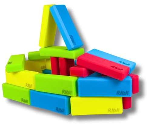 RIWI Set di 24 mini mattoncini da costruzione, piccoli blocchi in schiuma morbida, mattoncini compatti, certificati TÜV e Öko-Tex, lavabili in lavatrice
