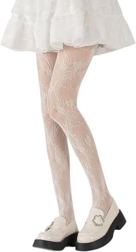 Foonary strumpbyxor dam vita – spetsstrumpbyxor med blommigt mönster, nätstrumpbyxor vita strumpbyxor, dammönster, strumpbyxor med blommigt spetsmönster, eleganta tights för lolita och vardag